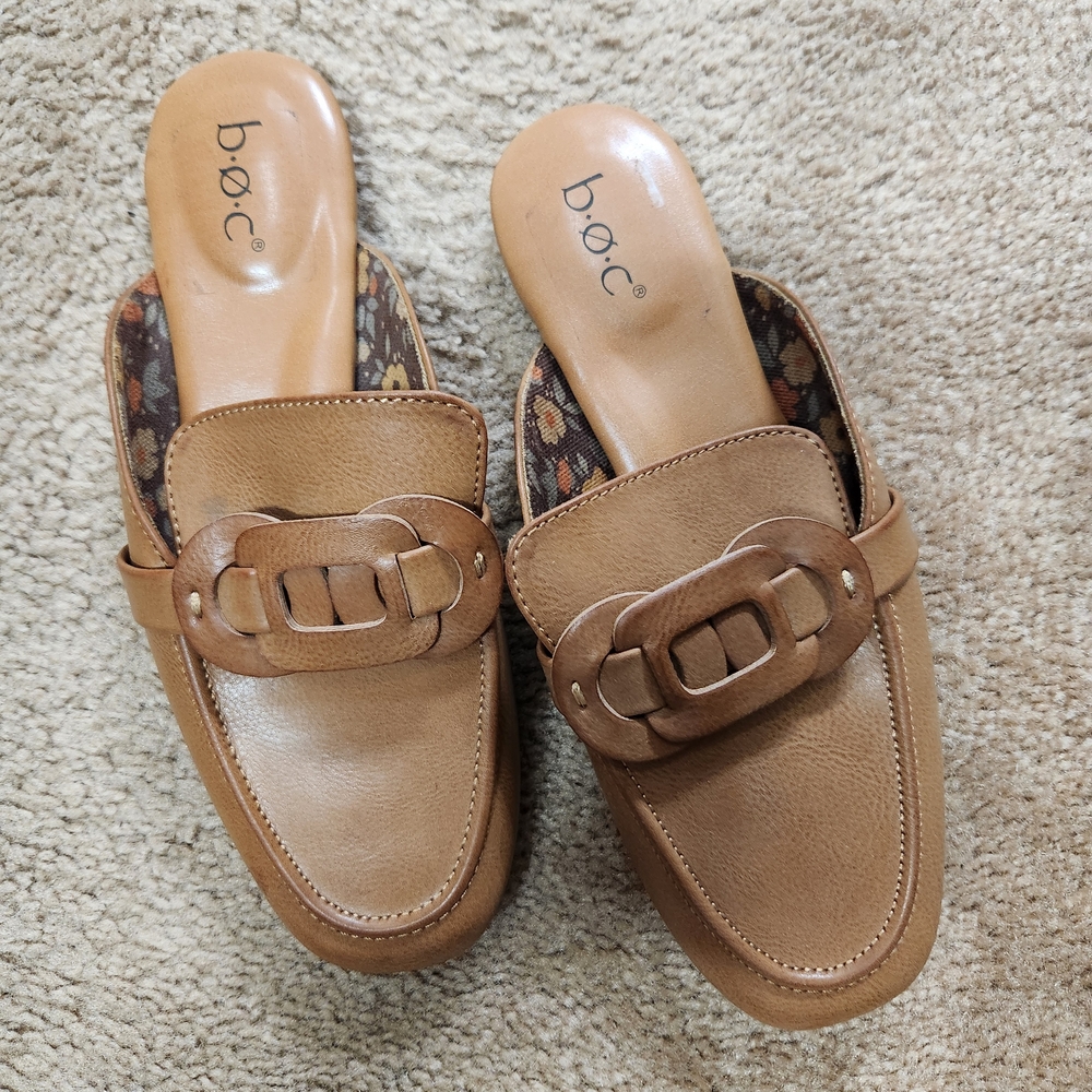b.o.c. Tan Leather Slip-On Buckle Mules